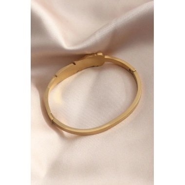 Gold Renk Yaprak Model Zirkon Taş Detay Kelepçe Kadın Bileklik