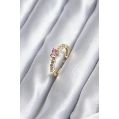 Gold Renk Zirkon Taşlı Pembe Kristal Kalp Model Kadın Yüzük