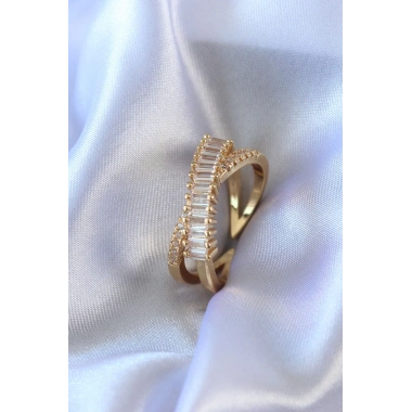Gold Renk Zirkon Taşlı Pirinç Kadın Yüzük