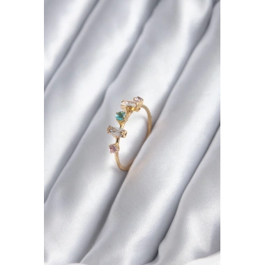 Gold Renk Zirkon Taşlı Renkli Zirkon Taşlı Kadın Yüzük