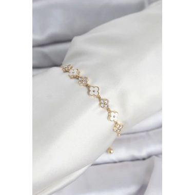 Gold Renk Zirkon Taşlı Sıralı Yonca Model Asansörlü Kadın Bileklik