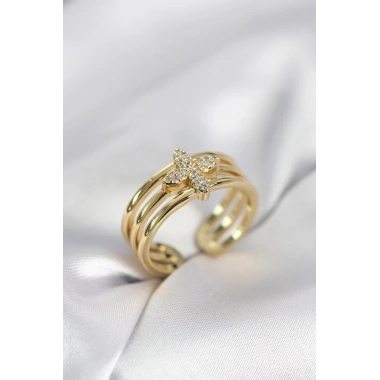 Gold Renk Zirkon Taşlı Yonca Model Kadın Yüzük