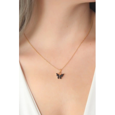 Gold Siyah Renk Kelebek Figür Kadın Kolye