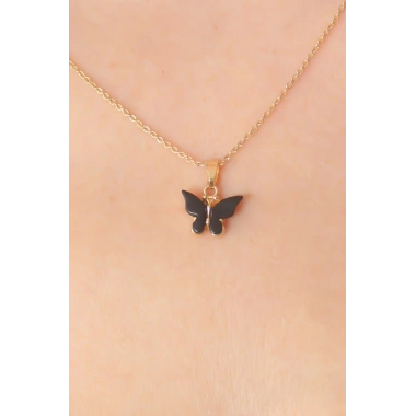 Gold Siyah Renk Kelebek Figür Kadın Kolye