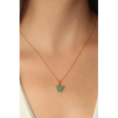 Gold Yeşil Renk Kelebek Figür Kadın Kolye