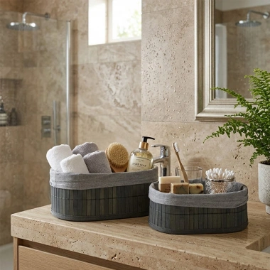GRİ 2 BOY OVAL BAMBU KENAR ORGANİZER SEPET AHŞAP ALTLIK - BEZLİ 21X14-25X16CM (5468)