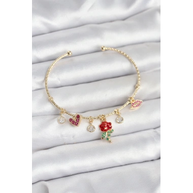 Gül Charmlı Gold Renk Pirinç Kadın Bileklik