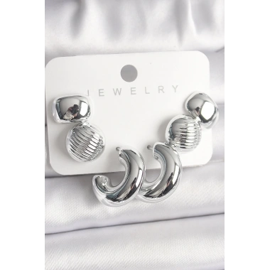 Gümüş Renk İşlemeli Daire Halka Model CCB Platik Kadın Küpe Seti