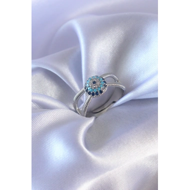 Gümüş Renk Nazar Boncuk Model Kadın Yüzük