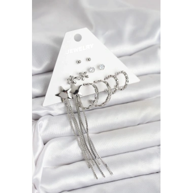 Gümüş Renk Pirinç 6 Çift Kadın Küpe Seti