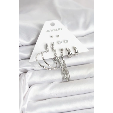 Gümüş Renk Pirinç 6 Çiftli Kadın Küpe Seti