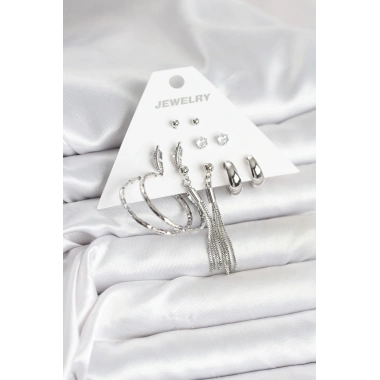 Gümüş Renk Pirinç 6 Çiftli Kadın Küpe Seti