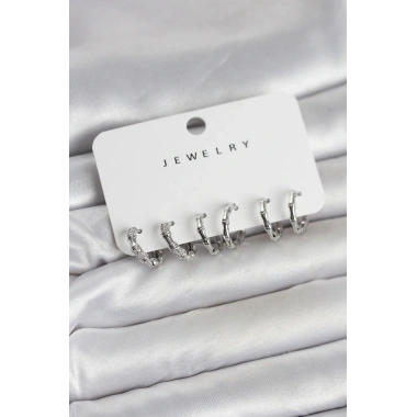 Gümüş Renk Pirinç Kemik Model 3 Çift Kadın Küpe Seti