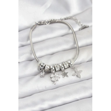 Gümüş Renk Pirinç Yonca Charmlı Kadın Bileklik