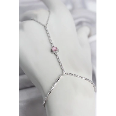 Gümüş Renk Pirinç Zirkon Taşlı Pembe Kalp Model Şahmeran