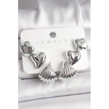 Gümüş Renk Yonca Kalp Deniz Kabuğu Figür CCB Kadın Küpe Seti