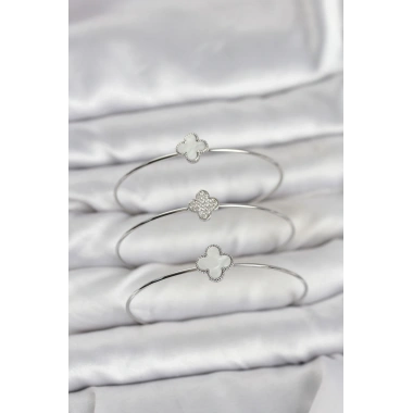 Gümüş Renk Yonca Model Zirkon Taşlı 3lü Kadın Bileklik Kombini