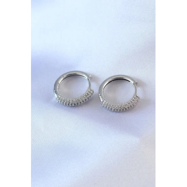 Gümüş Renk Zirkon Taşlı Halka Model Pirinç Kadın Küpe