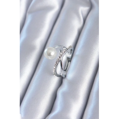 Gümüş Renk Zirkon Taşlı İncili Kadın Yüzük