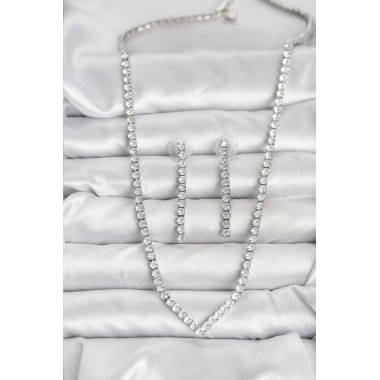 Gümüş Renk Zirkon Taşlı Kadın Kolye Küpe Seti