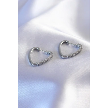 Gümüş Renk Zirkon Taşlı Kalp Model Kadın Küpe