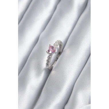 Gümüş Renk Zirkon Taşlı Pembe Kristal Kalp Model Kadın Yüzük