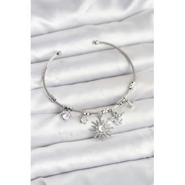 Güneş Charmlı Gümüş Renk Pirinç Kadın Bileklik