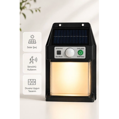 Güneş Enerjili Sensörlü Solar Aplik Duvar Tipi Dış Mekan Hareket Algılamalı Işık