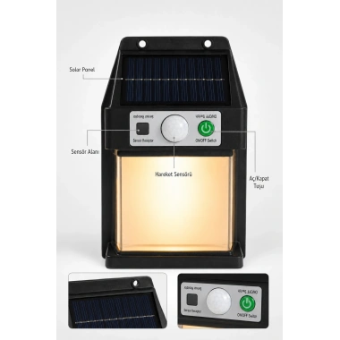 Güneş Enerjili Sensörlü Solar Aplik Duvar Tipi Dış Mekan Hareket Algılamalı Işık