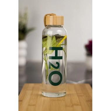 H2o Borosilikat Cam Matara Bambu Vakum Kapaklı Su Şişesi Suluk (Kumaş Kılıf Hediyeli) 600 ML