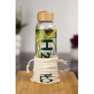 H2o Borosilikat Cam Matara Bambu Vakum Kapaklı Su Şişesi Suluk (Kumaş Kılıf Hediyeli) 600 ML