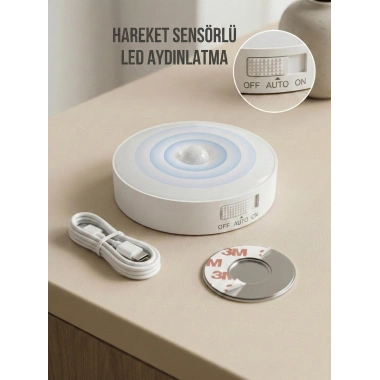 Hareket Sensörlü Yuvarlak LED Aydınlatma & USB Şarjlı Pratik Gece Lambası (8 cm)