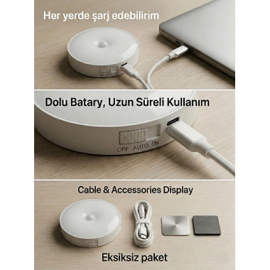 Hareket Sensörlü Yuvarlak LED Aydınlatma & USB Şarjlı Pratik Gece Lambası (8 cm)