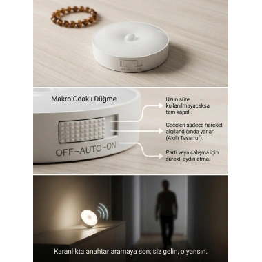 Hareket Sensörlü Yuvarlak LED Aydınlatma & USB Şarjlı Pratik Gece Lambası (8 cm)