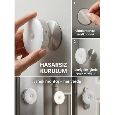 Hareket Sensörlü Yuvarlak LED Aydınlatma & USB Şarjlı Pratik Gece Lambası (8 cm)
