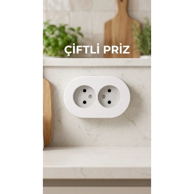 İkili Beyaz Topraklı Sıva Üstü Priz - Modern Elektrik Çiftli Priz