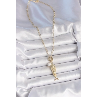 İnci Detaylı Zirkon Taşlı Balık Figürlü Gold Renk Pirinç Kolye