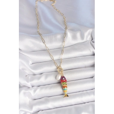 İnci Detaylı Zirkon Taşlı Rainbow Balık Figürlü Gold Renk Pirinç Kolye