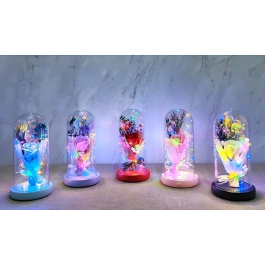 Işıklı Müzikli Cam Fanus İçinde Lavantalı Romantik Gül