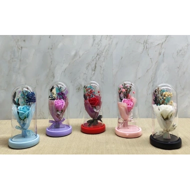 Işıklı Müzikli Cam Fanus İçinde Lavantalı Romantik Gül