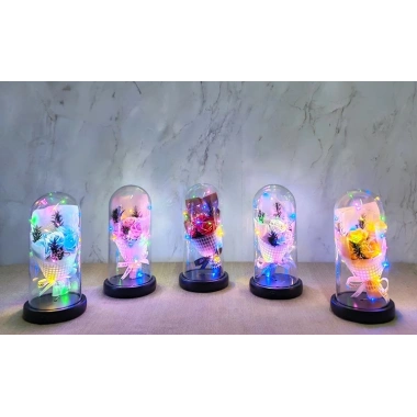 Işıklı Müzikli Fanus içinde Gül Buketi