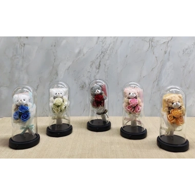 Işıklı Müzikli Fanus içinde Sevimli Ayıcıklı Gül Buketi