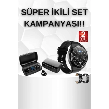 Kablosuz Bluetooth Kulaklık ve Kordon Hediyeli Akıllı Saat Nabız Ölçer Uzun Pil Ömrü