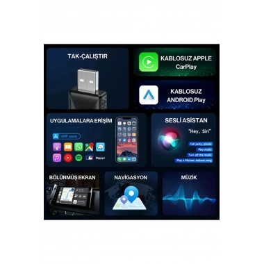 Kablosuz CarPlay & Android Auto Adaptörü - Apple ve Android Cihazlar İçin Evrensel Wireless Carplay Çevirici