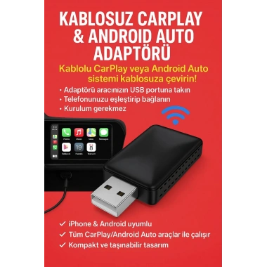 Kablosuz CarPlay & Android Auto Adaptörü - Apple ve Android Cihazlar İçin Evrensel Wireless Carplay Çevirici