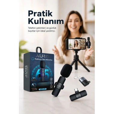 Kablosuz Yaka Mikrofonu Telefon İçin USB-C Lightning Adaptörlü Kompakt Kayıt Cihazı