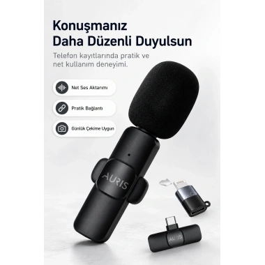 Kablosuz Yaka Mikrofonu Telefon İçin USB-C Lightning Adaptörlü Kompakt Kayıt Cihazı