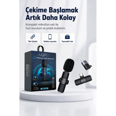 Kablosuz Yaka Mikrofonu Telefon İçin USB-C Lightning Adaptörlü Kompakt Kayıt Cihazı