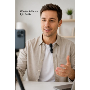 Kablosuz Yaka Mikrofonu Type-C ve Lightning Uyumlu Şarjlı Klipsli Ses Kayıt Mikrofonu