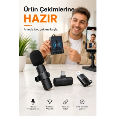 Kablosuz Yaka Mikrofonu USB-C Lightning Uyumlu Tak Çalıştır Telefon Video Ses Kayıt Seti